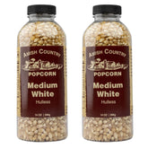 Amish Country Popcorn frascos frontales mostrando el empaque y cantidad