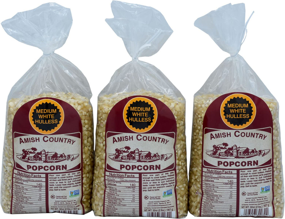 Amish Country Popcorn frente del paquete mostrando marca y tamaño del conjunto