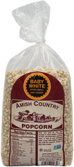 Amish Country Popcorn frente del paquete mostrando 2 lb y beneficio conveniencia