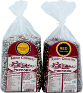 Amish Country Popcorn frente del paquete mostrando las dos bolsas y frescura