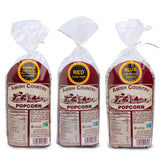 Amish Country Popcorn vistas frontales de tres bolsas, variedad lista para estallar