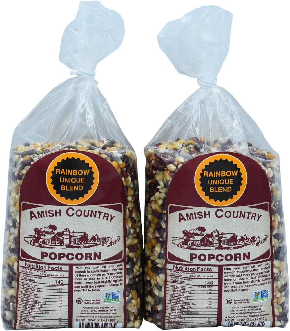 Amish Country Popcorn paquete frontal mostrando 2 bolsas y cantidad
