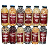 Amish Country Popcorn vista frontal de botellas variadas y beneficios de variedad