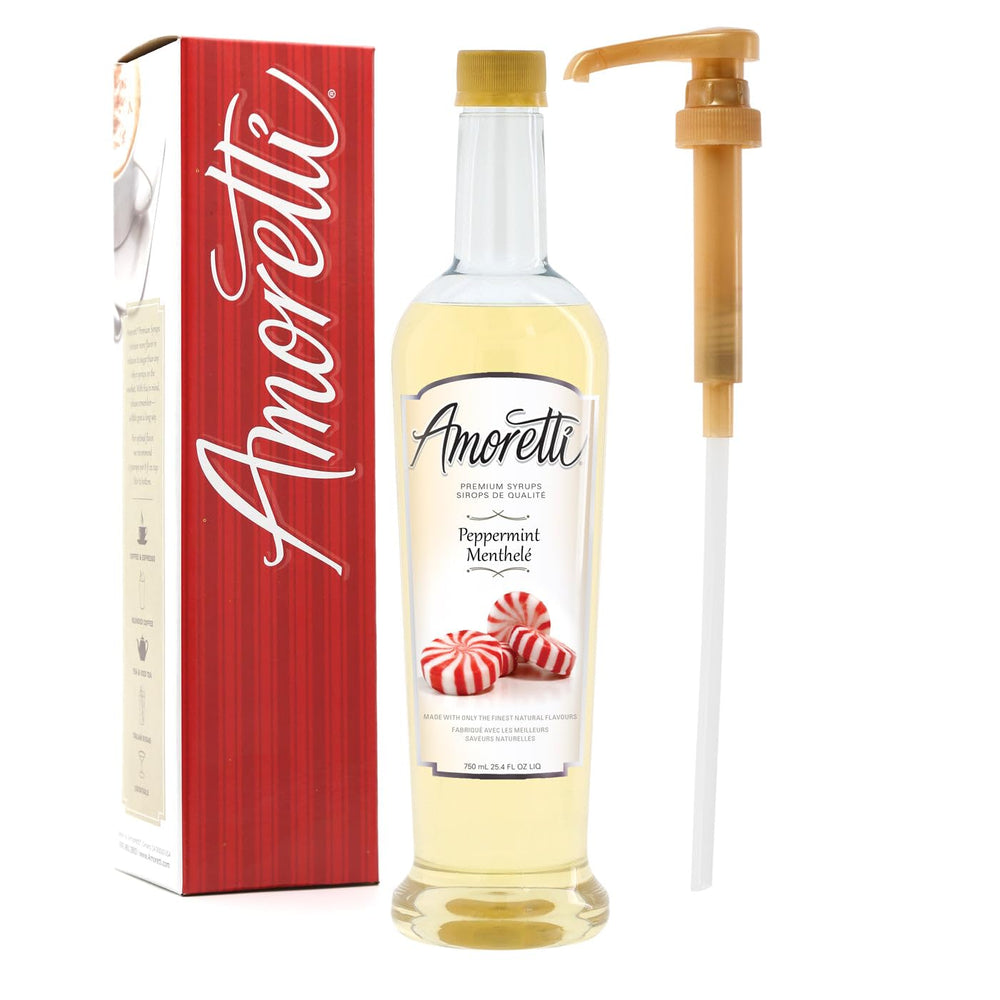 Amoretti jarabe peppermint vista frontal con botella y etiqueta clara, sabor natural
