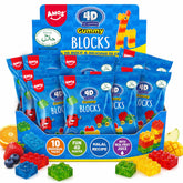 AMOS frente de caja Gummy Blocks mostrando bolsitas individuales y colores llamativos