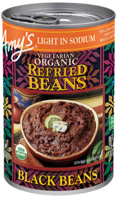 Amy's lata frontal de frijoles negros refritos muestra diseño y facilidad de uso