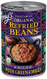 Amy's frasco frontal de frijoles refritos orgánicos muestra etiqueta clara y beneficios