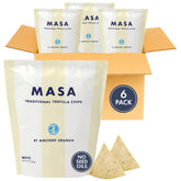 Ancient Crunch empaque frontal MASA Chips muestra diseño y cantidad