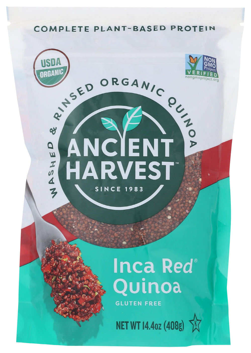 Ancient Harvest frente del envase mostrando certificación orgánica y beneficio práctico
