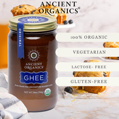 Ancient Organics ghee en sartén dorando alimentos para mejor sabor