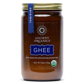 ANCIENT ORGANICS envase frontal de ghee orgánico con diseño claro y beneficio culinario