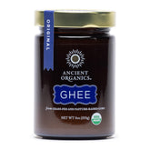Ancient Organics ghee frasco frontal mostrando etiqueta orgánica y aspecto dorado