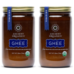 Ancient Organics ghee frente del envase mostrando sello orgánico y presentación