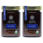 Ancient Organics ghee vista frontal del tarro mostrando el envase y certificaciones