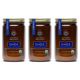 Ancient Organics ghee frontal del envase mostrando color dorado y sello orgánico