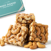 ANDY ANAND empaque frontal del cashew brittle mostrando tamaño y diseño, ideal para regalo