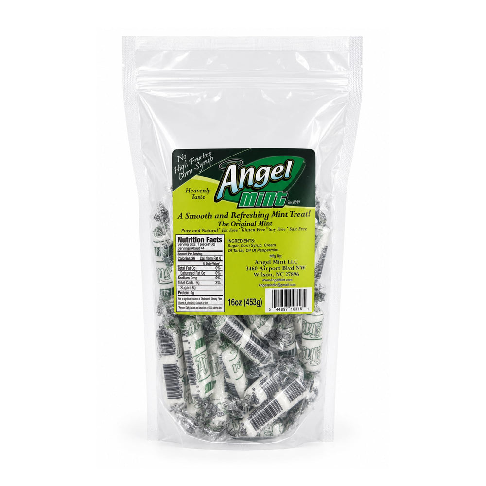 Angel Mint bolsa de 16 oz al frente mostrando el empaque resellable y presentación profesional