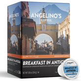 Angelino's Coffee frente del paquete mostrando diseño y beneficios visibles