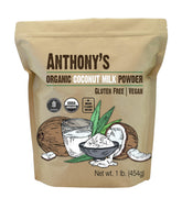 Anthony's envase frontal del polvo de leche de coco, muestra etiqueta clara y beneficios