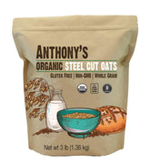 Anthony's paquete frontal de avena steel cut mostrando tamaño y sello orgánico