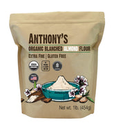 Anthony's bolsa frontal de harina de almendra orgánica mostrando el empaque y beneficios