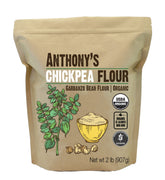Anthony's paquete frontal de harina de garbanzo orgánica mostrando marca y tamaño