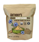 Anthony's paquete frontal de harina de linaza dorada mostrando sellos orgánico y sin gluten
