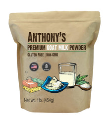 Anthony's empaque frontal de leche de cabra en polvo mostrando etiqueta clara y beneficios