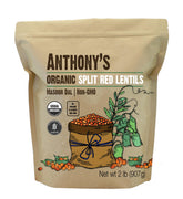 Anthony's paquete frontal de lentejas rojas partidas orgánicas mostrando cantidad y sello