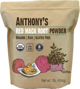 Anthony's envase frontal de maca roja orgánica mostrando 1 lb y beneficios prácticos