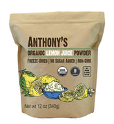 Anthony's envase frontal mostrando polvo de limón orgánico y beneficios de almacenamiento