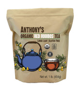 Anthony's paquete frontal de rooibos orgánico mostrando 1 lb y beneficios
