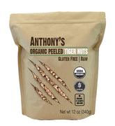 Anthony's paquete frontal de tigernuts peladas mostrando etiqueta orgánica y beneficios
