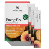Arbonne Energy Fizz frente del empaque mostrando 30 sobres y conveniencia