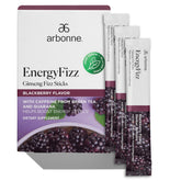 Arbonne frasco y caja frontal mostrando el empaque y sabor mora, ideal para llevar