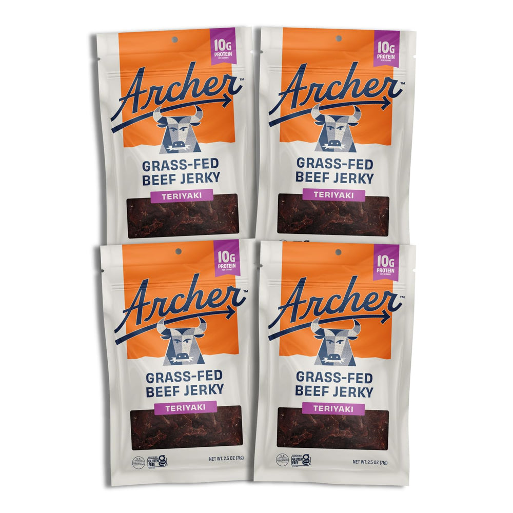 Archer Jerky teriyaki frontal del paquete mostrando diseño y tamaño útil