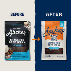 Archer Jerky primer plano de la textura de las tiras, resaltando jugosidad y sabor