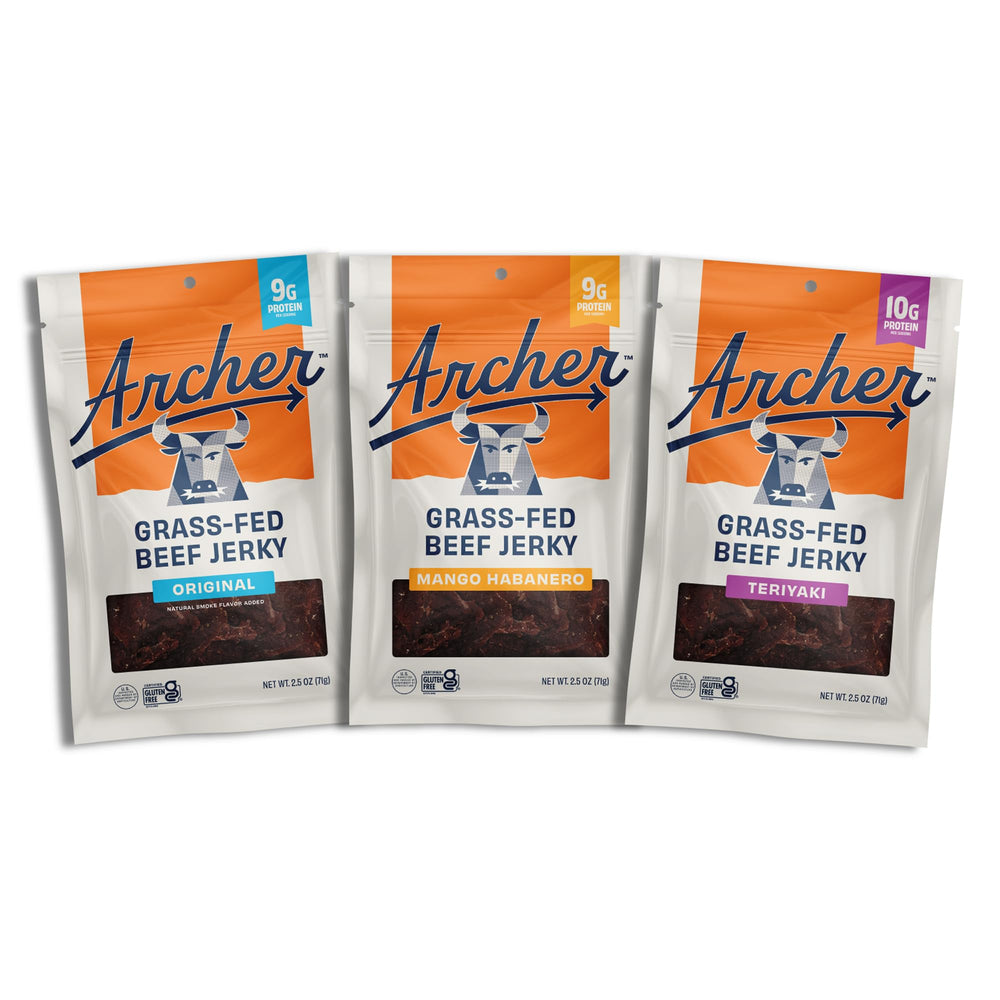 Archer pack frontal mostrando las tres bolsas y variedad de sabores