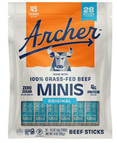 Archer paquete frontal mostrando 28 mini beef sticks y beneficios de conveniencia