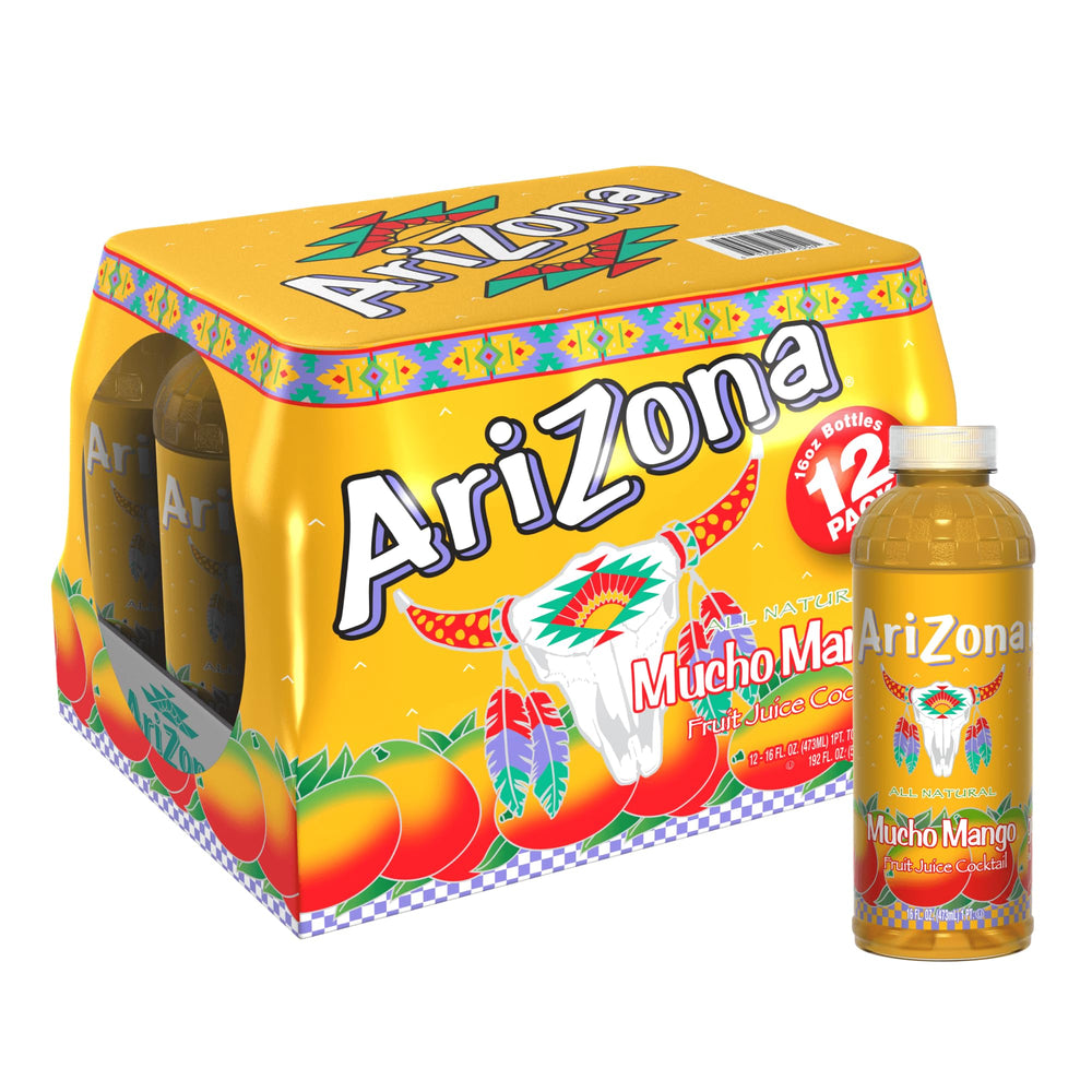 AriZona Mucho Mango vista frontal de la botella mostrando etiqueta y tamaño práctico