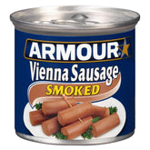 Armour Star lata frontal de Vienna Sausage mostrando el envase y conveniencia