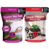 Aromasong frente del paquete combo con sal gruesa y pimienta en bolsa resellable, ideal para recargar molinillos