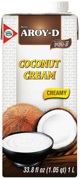 Aroy-D cartón de crema de coco frontal mostrando etiqueta y volumen