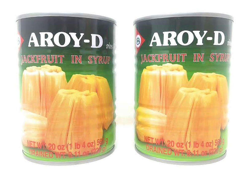 Aroy-D lata frontal de jackfruit en almíbar mostrando etiqueta y tamaño práctico