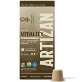 Artizan Coffee Roasters cápsulas frente del envase mostrando diseño sostenible y marca