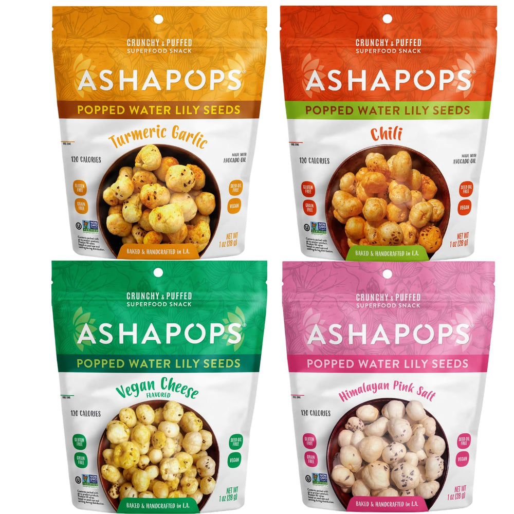 AshaPops pack frontal mostrando las cuatro bolsas y variedad de sabores