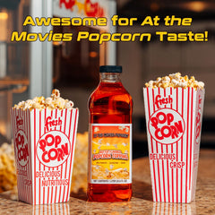 At-The-Movies-Popcorn vertiendo sobre palomitas en casa para sabor de cine inmediato