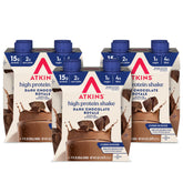 Atkins botella frente mostrando diseño y sabor chocolate
