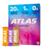 Atlas Protein Bar pack de 12 frontales mostrando variedad y conveniencia