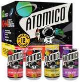 Atomico vista frontal del pack de latas mostrando variedad y conveniencia